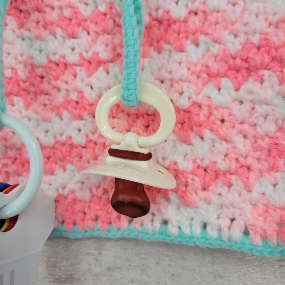 Playtime Bib Hand Crochet Pink & Mint With Toy Attachments Vintage 80s
